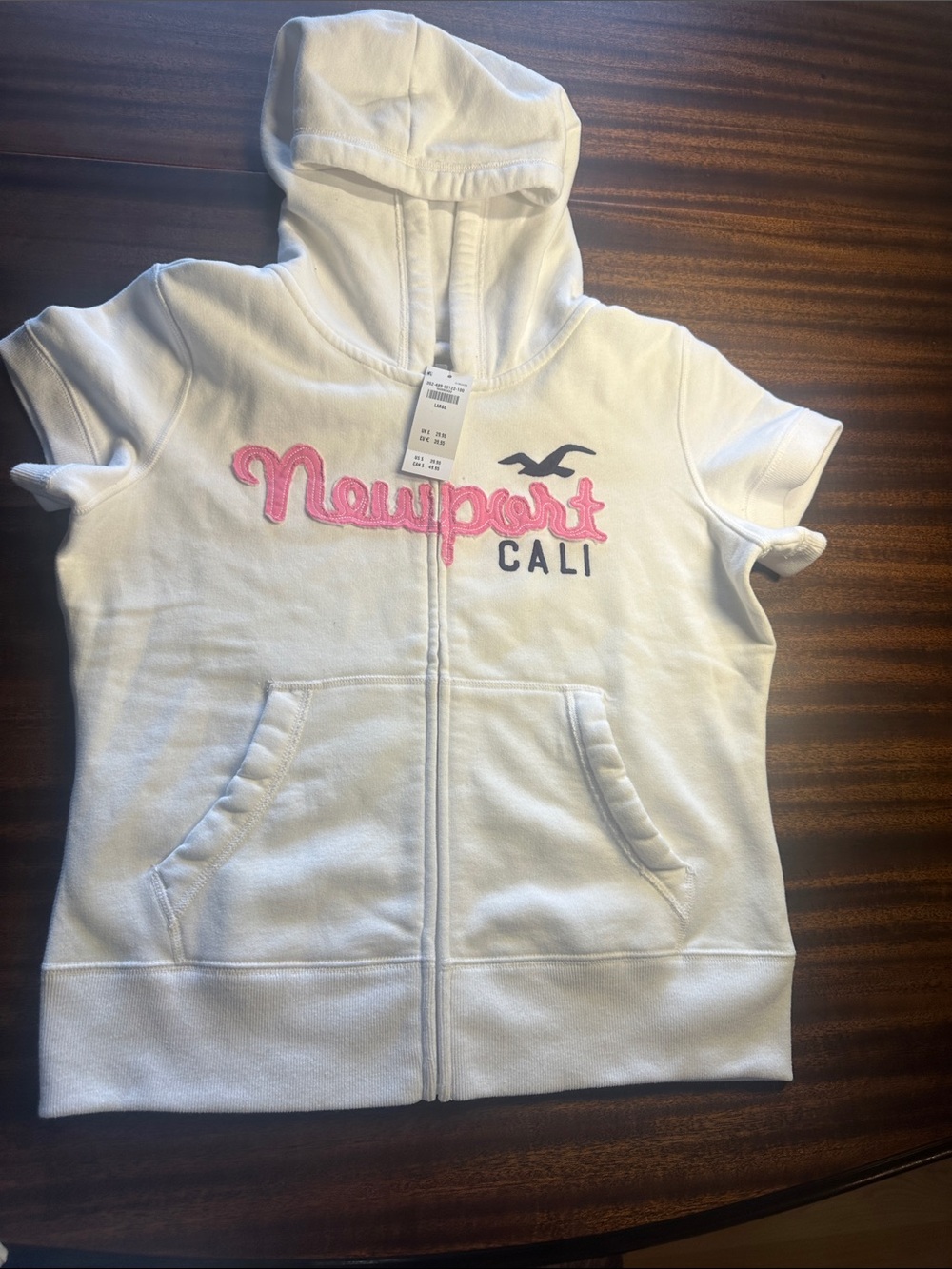 Hollister White Hooded Zip Sweatshirt with Pink 'Newport' Script
